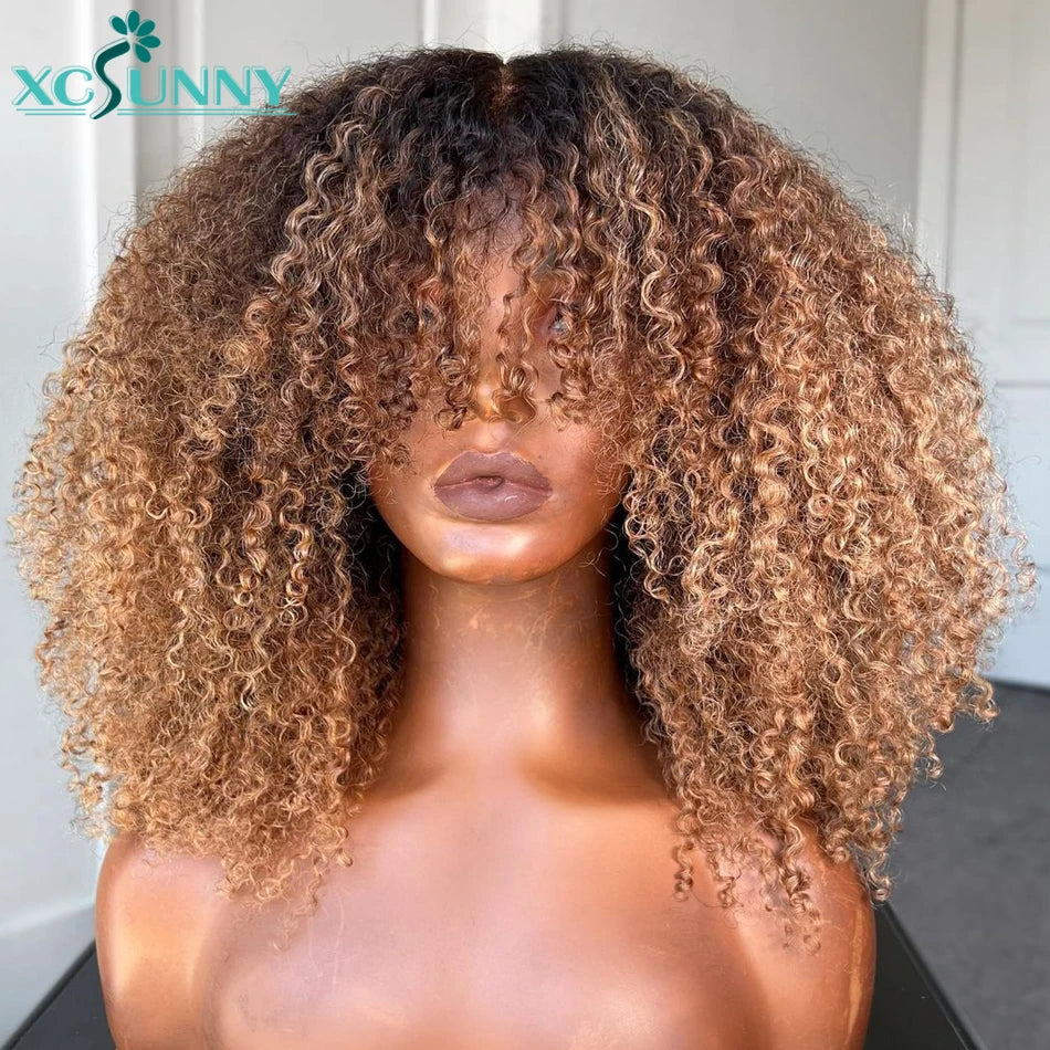 Blonde Afro Kinky Curly Wig Human Hair Machine Made Scalp Top Wig With Bangs Brazilian Ombre Blonde Wigs Human Hair Xcsunny