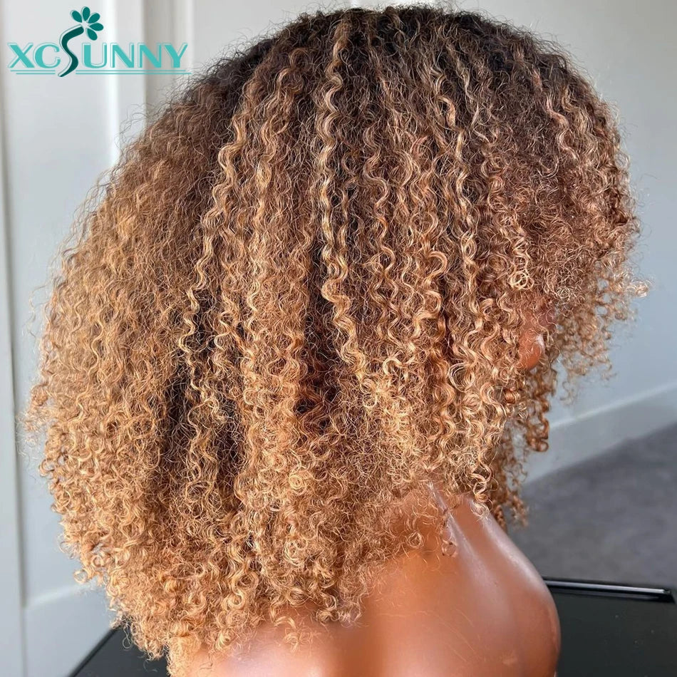 Blonde Afro Kinky Curly Wig Human Hair Machine Made Scalp Top Wig With Bangs Brazilian Ombre Blonde Wigs Human Hair Xcsunny