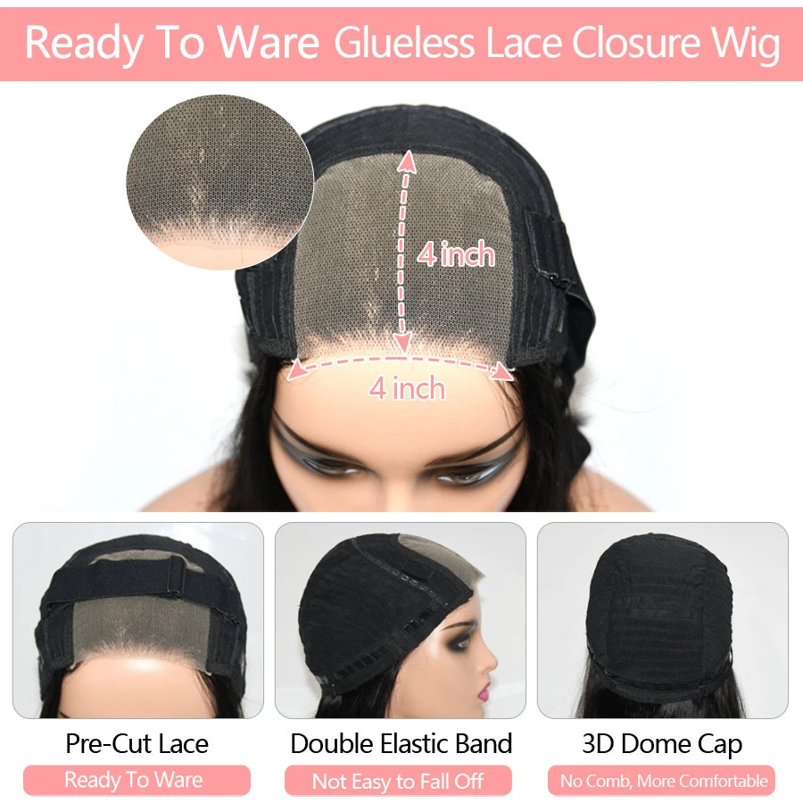 4X4 Wear & Go Glueless Human Hair Wig Bob Wig Lace Closure Human Hair Wigs Glueless