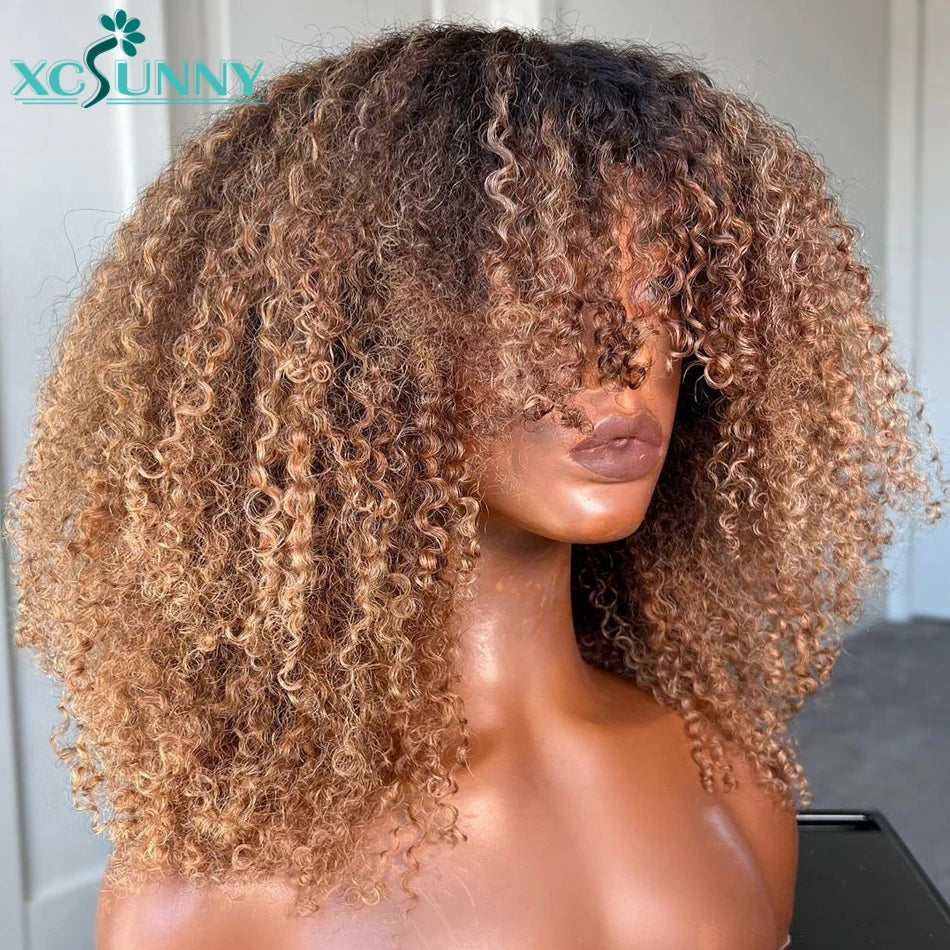 Blonde Afro Kinky Curly Wig Human Hair Machine Made Scalp Top Wig With Bangs Brazilian Ombre Blonde Wigs Human Hair Xcsunny