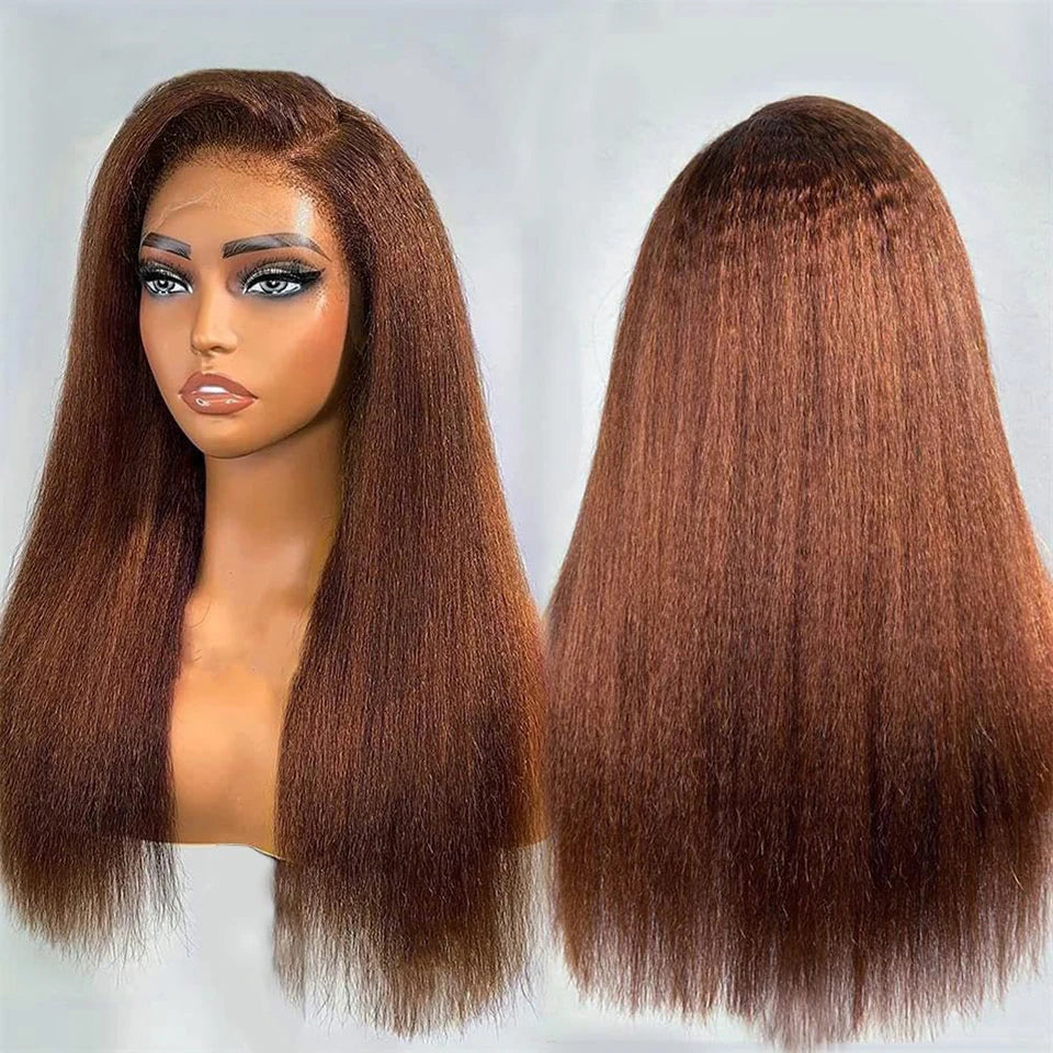 250% Density Brown Kinky Straight Human Hair Wigs #4 Colored Raw Human Hair Front 13x6 Hd Lace Frontal Wig Glueless Wigs On Sale