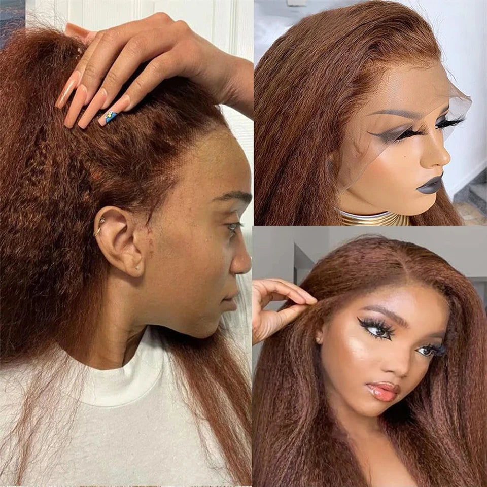 250% Density Brown Kinky Straight Human Hair Wigs #4 Colored Raw Human Hair Front 13x6 Hd Lace Frontal Wig Glueless Wigs On Sale